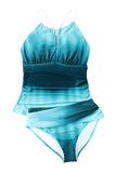 Sky Blue Oceanic Gradient Color Peekaboo Halter Tankini Swimsuit