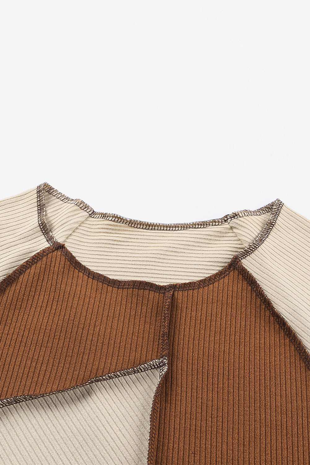 Brown Irregular Color Block Seaming Trim Rib Knit Top
