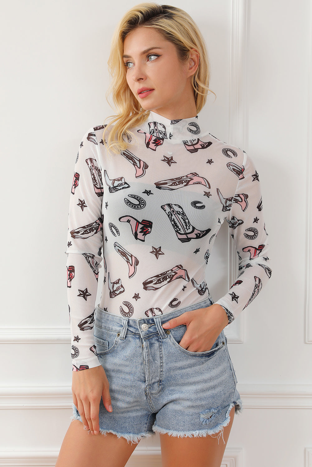White Rodeo Bound Printed Long Sleeve Bodysuit