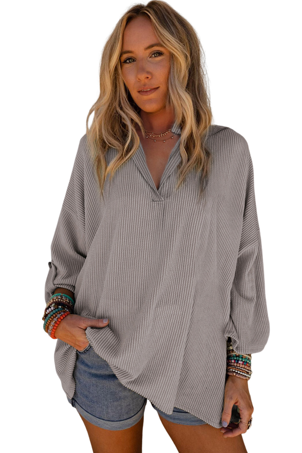 Philippine Gray Ribbed Roll-tab Sleeve Oversize Top