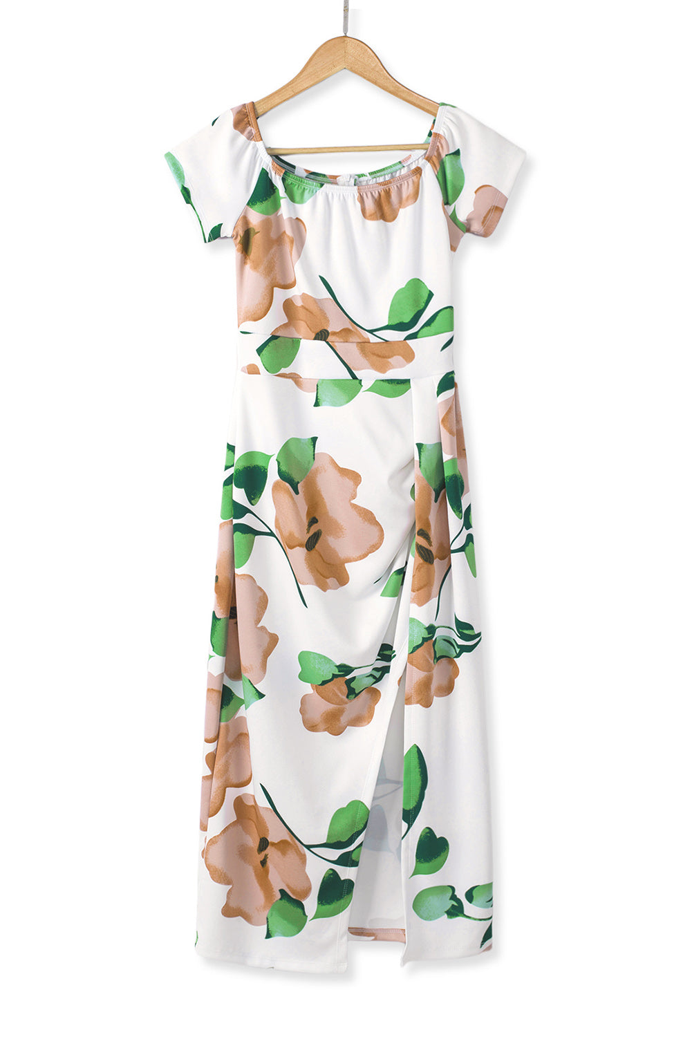 Green Floral Print Off Shoulder Slit Bodycon Midi Dress