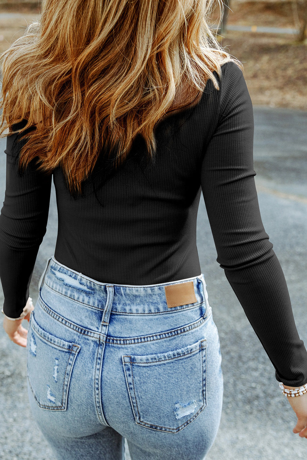 Black Ribbed Knit High Neck Long Sleeve Top