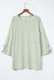 Green Ribbed Roll-tab Sleeve Chest Pocket Oversize Top