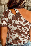 Brown One Shoulder Cow Print Cut out Short Sleeve Top