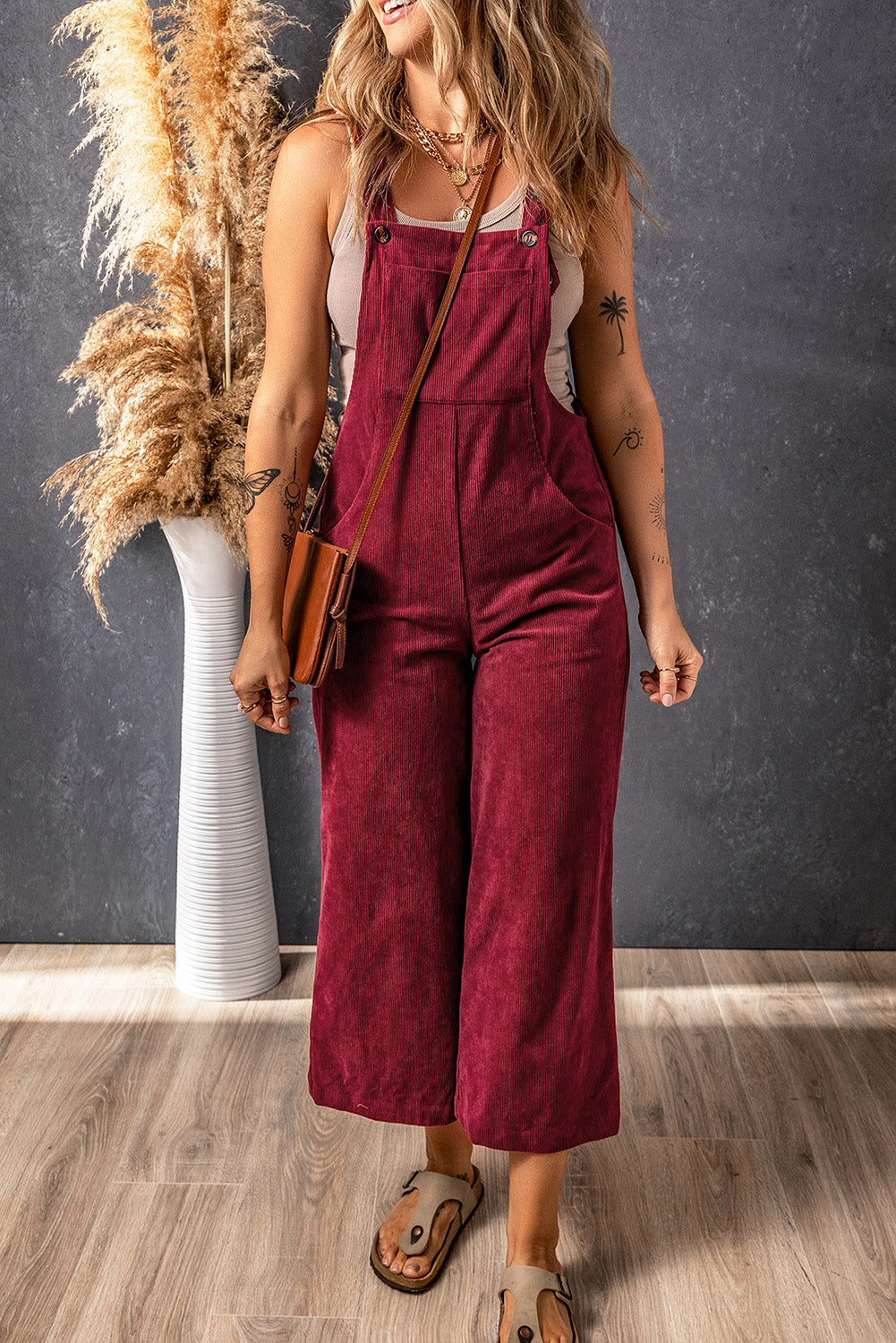 Fiery Red Solid Color Corduroy Wide Leg Bib Overalls
