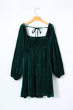 Green Tie Back Square Neck Velvet Babydoll Dress