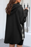 Black Waffle Knit Plaid Patchwork Drawstring Hooded Shacket