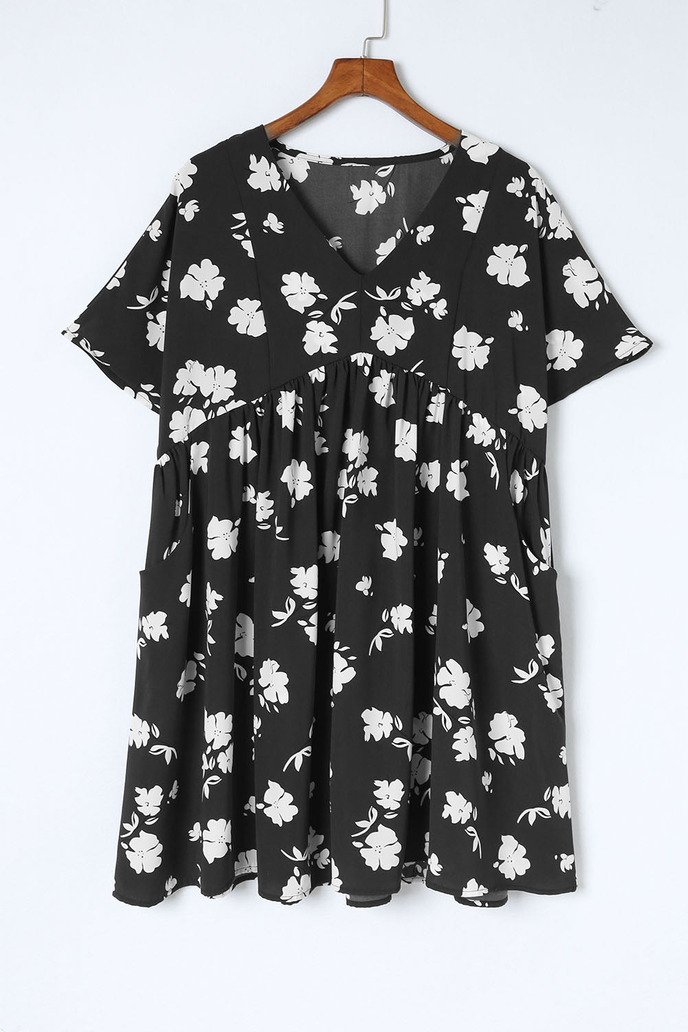 Black Khaki V Neck Floral Babydoll Dress with Pockets