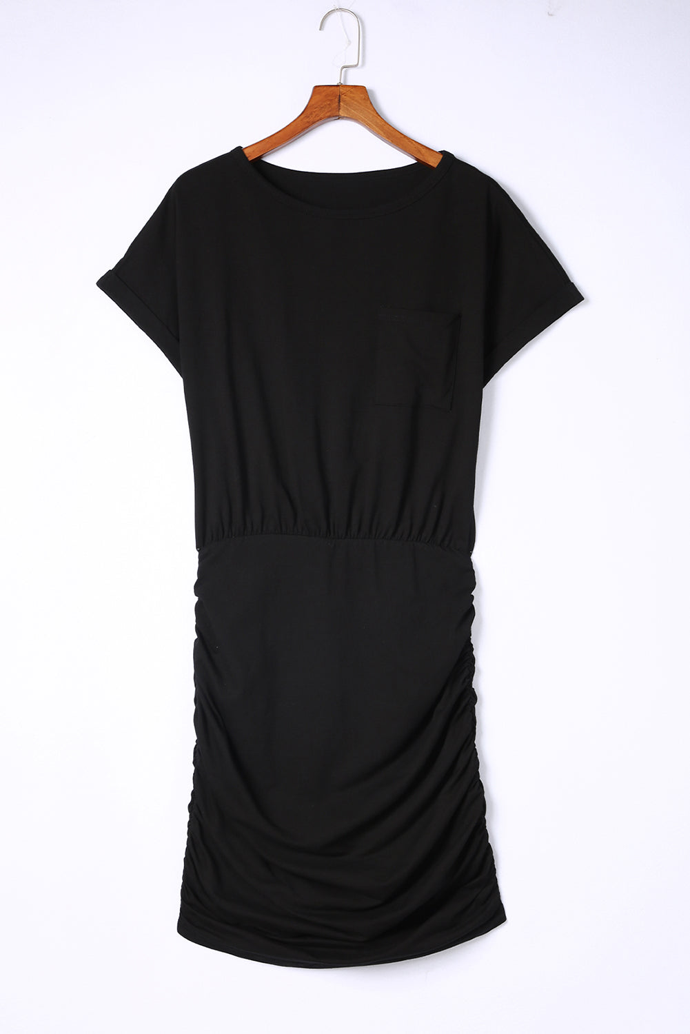 Black Chest Pocket Loose T-shirt Ruched Bodycon Mini Dress