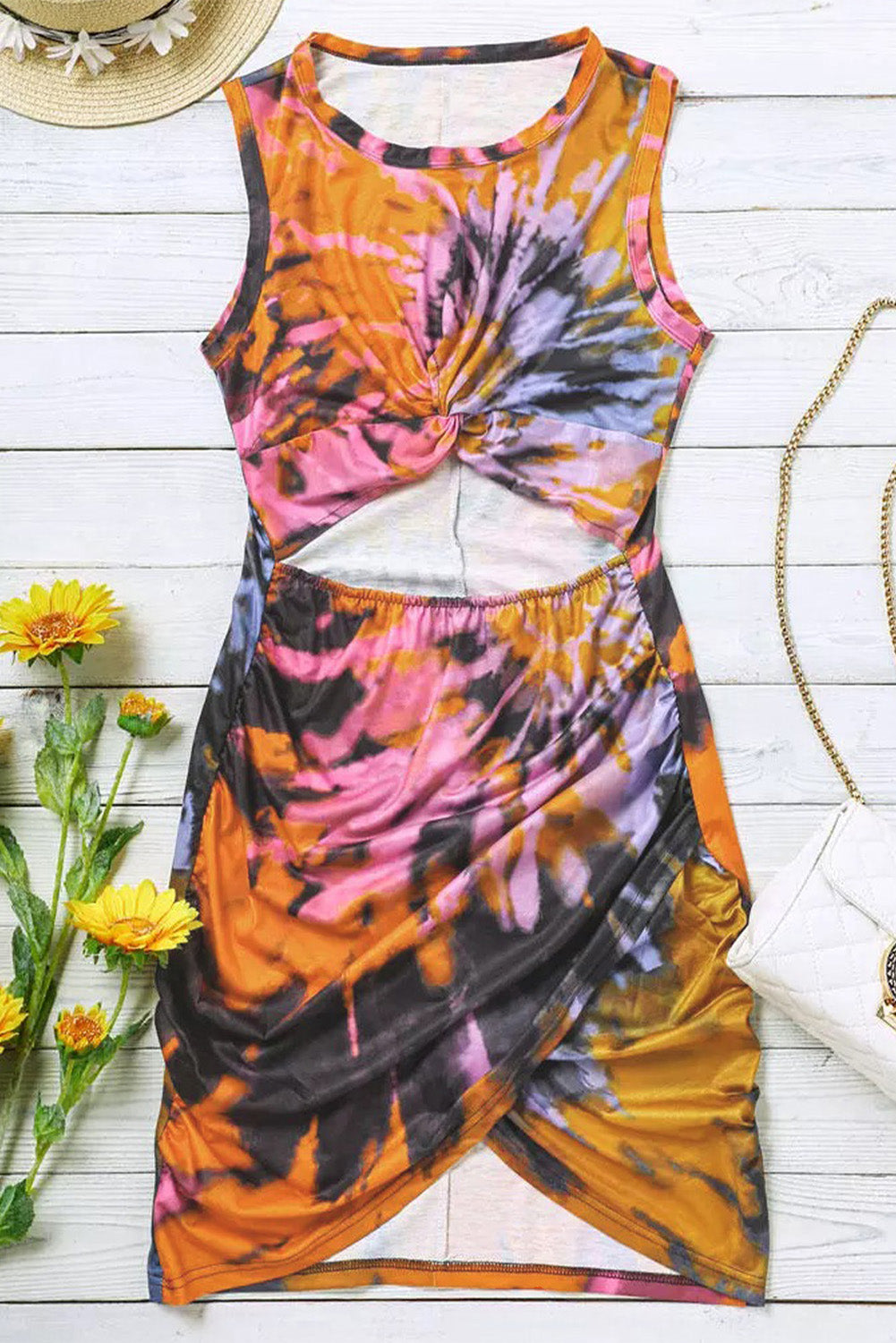 Multicolor Tie-dye Print Hollow Out Twist Bodycon Mini Dress