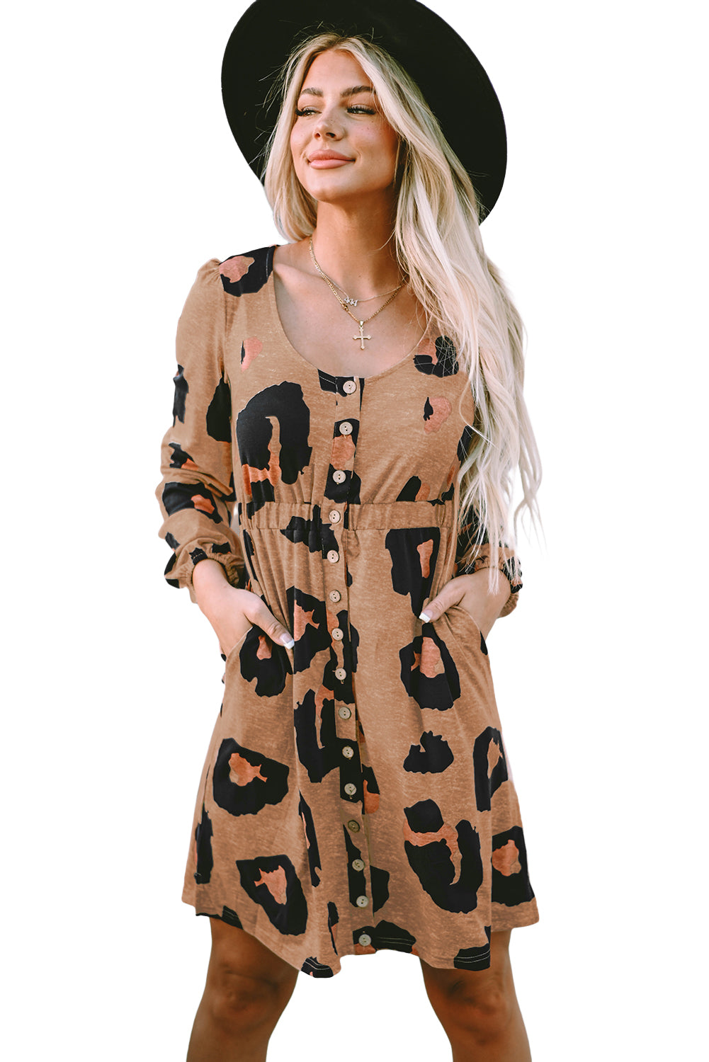 Leopard Print Button Front Bubble Sleeve Loose Knit Dress