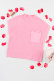 Pink Patch Pocket Ribbed Knit Short Sleeve Sweater