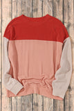 Fiery Red Color Block Long Sleeve Ribbed Loose Top