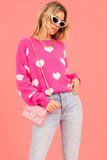 Bright Pink Fuzzy Valentine Hearts Drop Shoulder Sweater