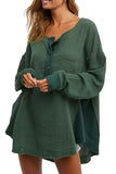 Green Textured Waffle Knit Patchwork Buttoned Neck Loose Blouse