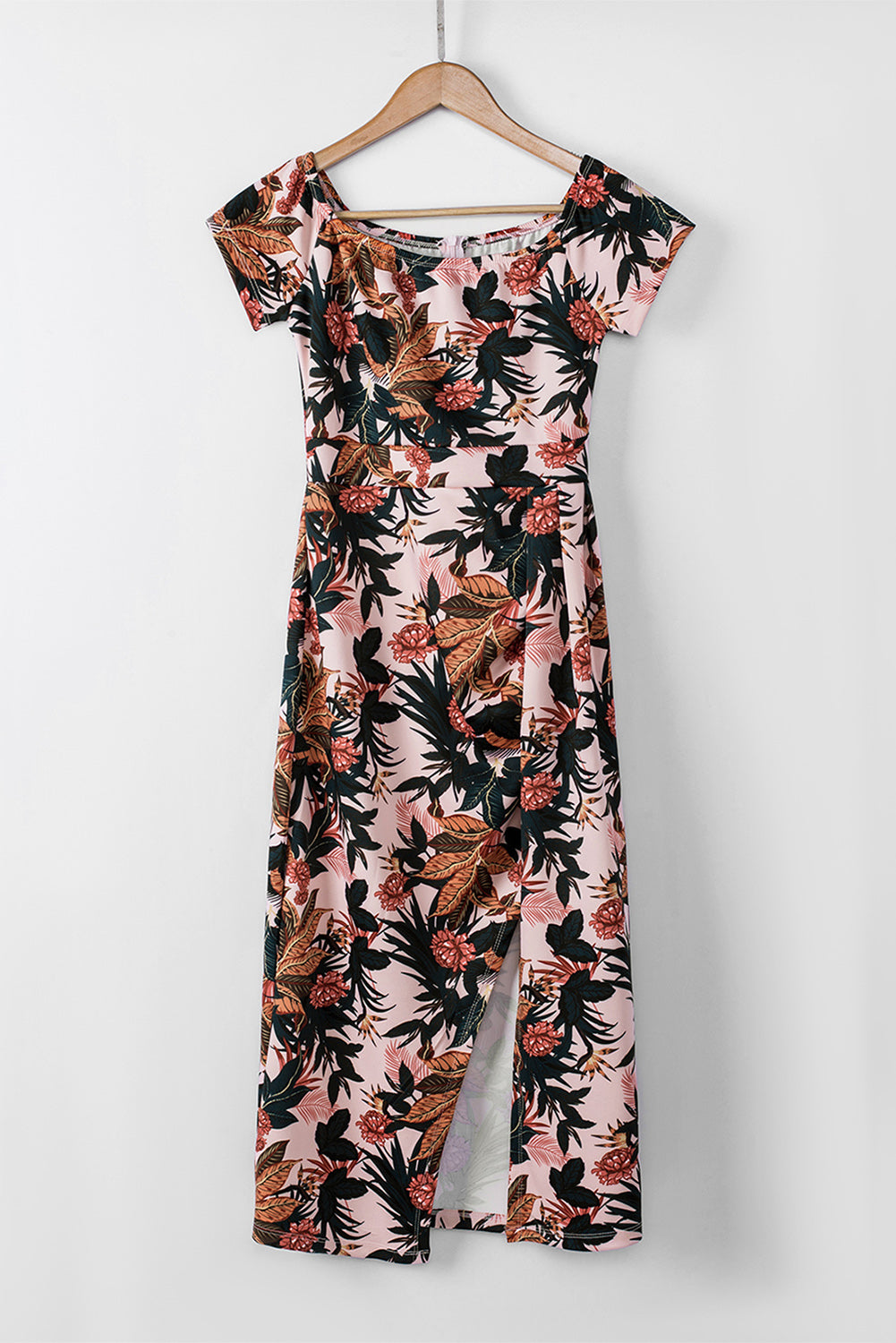 Pink Pattern Print Off Shoulder Slit Bodycon Midi Dress