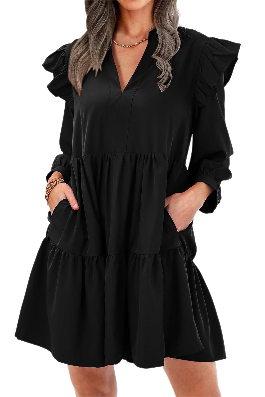 Black V Neck Tiered Ruffled Dress with Pockets