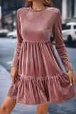 Pale Chestnut Long Sleeve Tiered Ribbed Velvet Dress