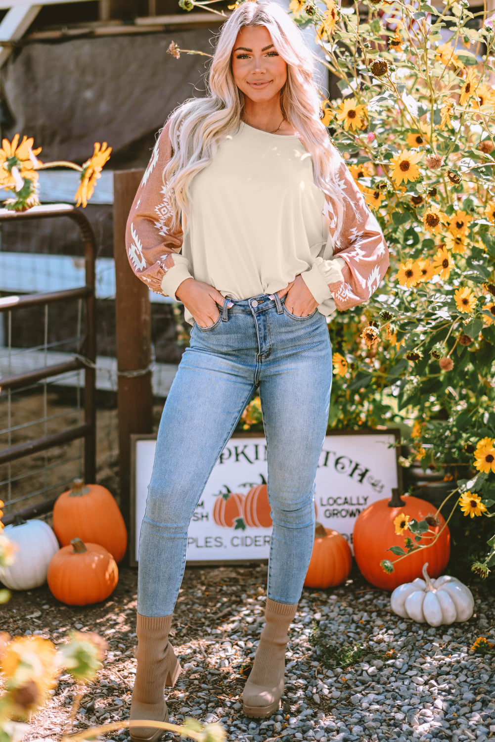 Apricot Western Print Patch Long Sleeve Top