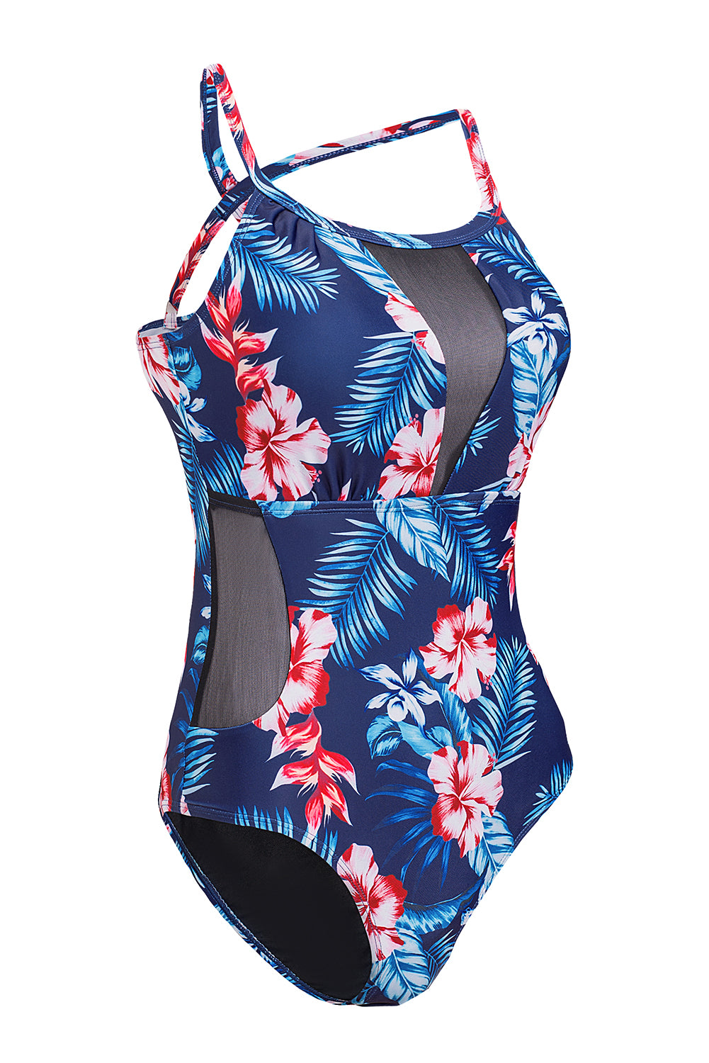 Black Floral Print Mesh Patchwork Criss Cross One-piece Swimsuit