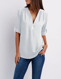 V-neck zipper large size women's long-sleeved pull-sleeve loose commuter chiffon shirt