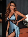 Sexy see-through lace deep V low neck pajama suspender dress