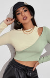 Color-Blocking Strapless Splicing Long-Sleeved T-Shirt