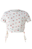 Printed Drawstring Plunging Round Neck Short-Sleeved T-Shirt