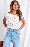 Printed Drawstring Plunging Round Neck Short-Sleeved T-Shirt