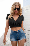 Women's Sexy Navel Cross V-Neck Versatile Short Sleeve Slim Fit T-Shirt