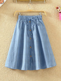 Elastic Waist Button-Down A-Line Denim Skirt