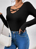 Women's solid color crossover V-neck long-sleeved T-shirt