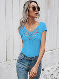 Summer short-sleeved t-shirt female simple slim hollow round neck solid color ladies top