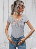 Summer short-sleeved t-shirt female simple slim hollow round neck solid color ladies top