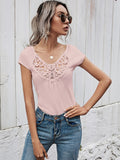 Summer short-sleeved t-shirt female simple slim hollow round neck solid color ladies top