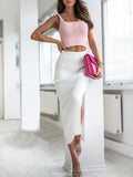 Women's Solid Color Button Slit Midi Skirt