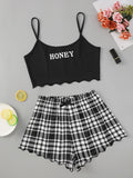 Women's Letter HONEY Printed Camisole + Plaid Printed Shorts Homewear Set