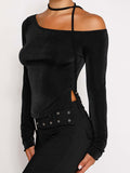 Slanted shoulder waist slit long sleeve slim hot girl T-shirt