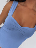 New Solid Color Square Neck Strap Gathered Backless Vest Top T-Shirt