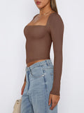 New women's long-sleeved solid color navel-baring square neck T-shirt top