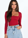 New women's long-sleeved solid color navel-baring square neck T-shirt top