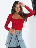 New women's long-sleeved solid color navel-baring square neck T-shirt top