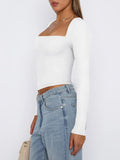 New women's long-sleeved solid color navel-baring square neck T-shirt top