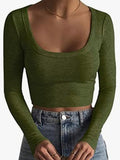 New women's large round neck long-sleeved ultra-short slim fit navel-baring bottoming T-shirt top