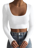 New women's large round neck long-sleeved ultra-short slim fit navel-baring bottoming T-shirt top