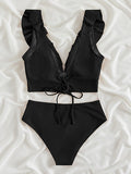 New women's lace V-neck ruffled high-waist split swimsuit bikini