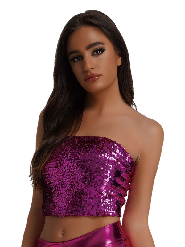 Women's sequin inner performance wear high elastic bandeau top