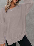 Women's round neck long sleeve side slit waffle knit top