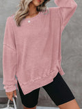 Women's round neck long sleeve side slit waffle knit top