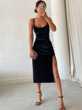 New sexy slim fit slit velvet suspender party dress